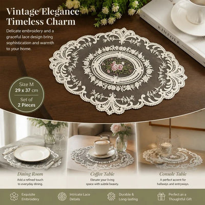 Elegant Vintage Floral Stitch Dining Mat Pack, Apricot Off White, Size M 29*37CM, 2 Pcs