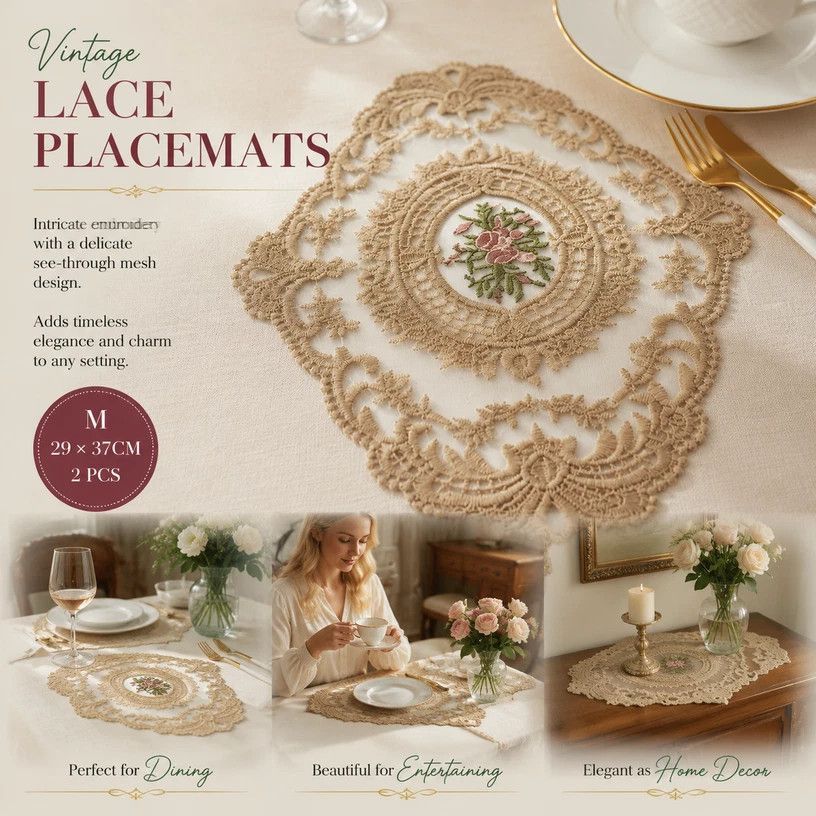 Old-Style Border Stitched Dining Placemat Pack, Camel, Size M 29*37CM, 2 Pcs