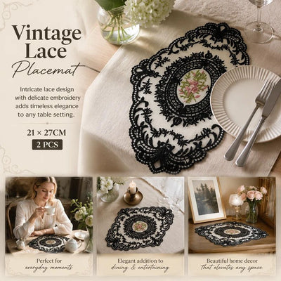 Minimal Retro Embroidered Lace Placemat Set, Black, Size S 21*27CM, 2 Pcs