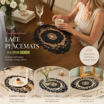 Simple Stitched Vintage Edge Dining Mat Pack, Black, Size M 29*37CM, 2 Pcs