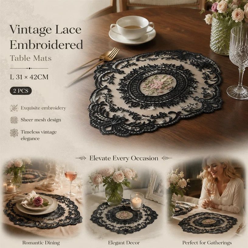 Chic Ornate Lace Border Table Placemat Combo, Black, Size L 31*42CM, 2 Pcs