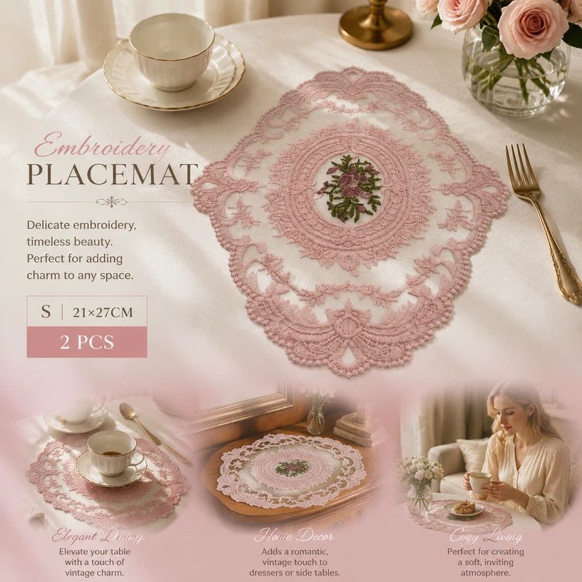 Romantic Floral Embroidery Placemat Set, Pink, Size S 21*27CM, 2 Pcs