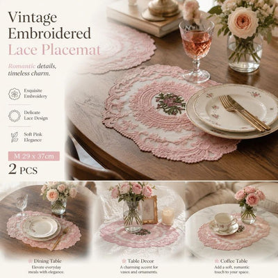 Sweet Vintage Fringe Stitched Dining Mat Pack, Pink, Size M 29*37CM, 2 Pcs