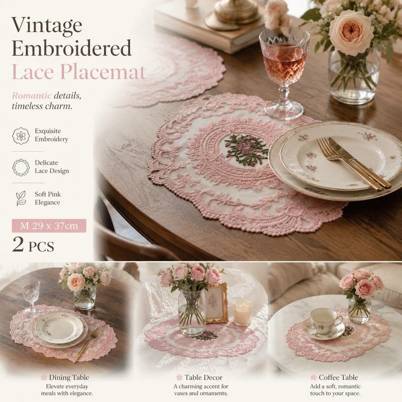 Sweet Vintage Fringe Stitched Dining Mat Pack, Pink, Size M 29*37CM, 2 Pcs