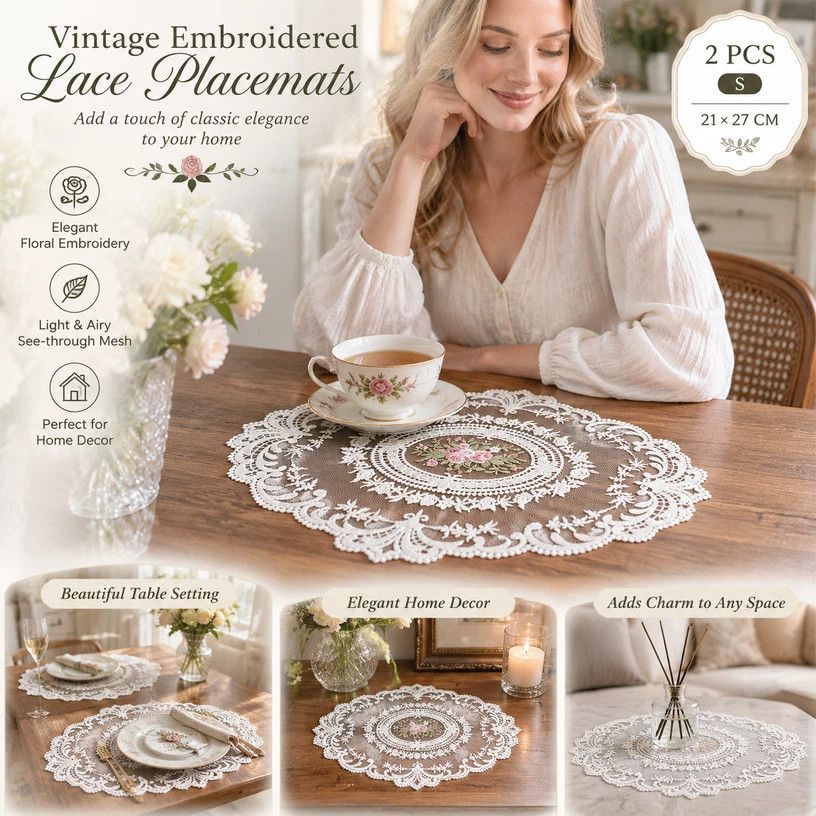 Pure White Retro Embroidered Placemat Set, White, Size S 21*27CM, 2 Pcs