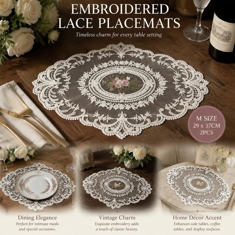 Bright Classic Lace Trim Dining Mat Pack, White, Size M 29*37CM, 2 Pcs