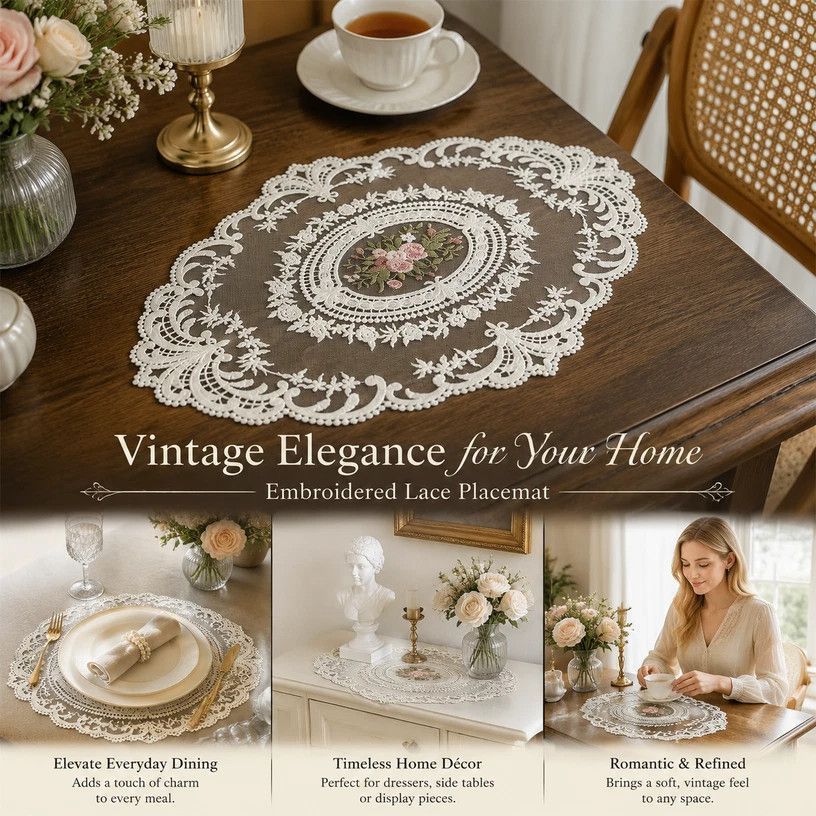 Elegant Antique Stitched Border Table Mat Combo, White, Size L 31*42CM, 2 Pcs