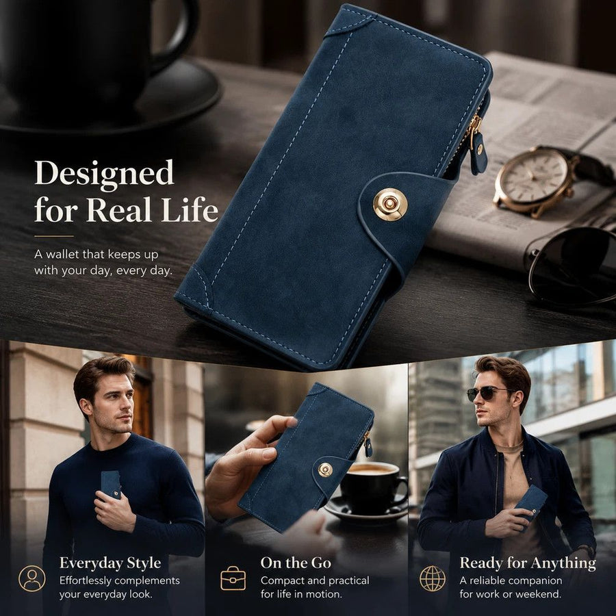 Full Tone Long Gentlemen Purse, Magnetic Snap Portable Hand Wallet With Multi Card Slots, Practical Daily Accessory Gift, Blue
