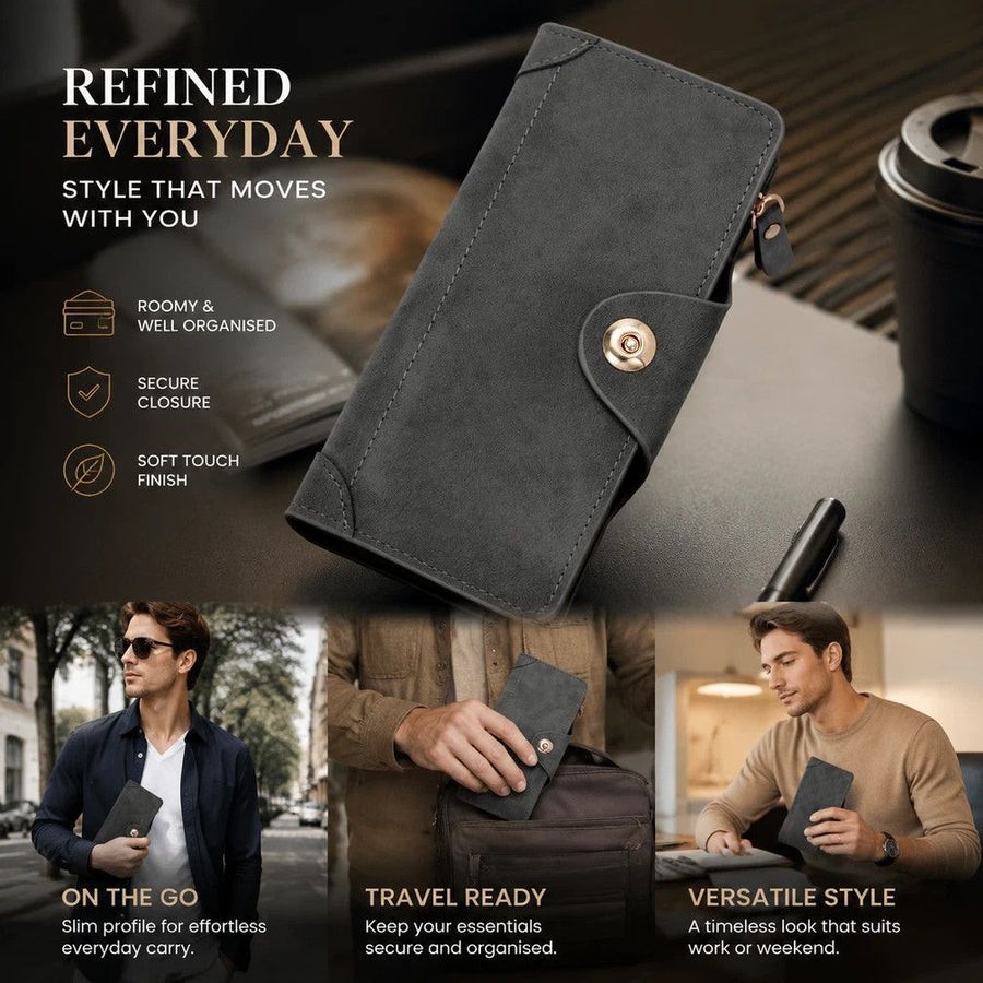 Monochrome Integrated Long Men Billfold, Magnetic Closure Multi-Compartment Hand Clutch, Stylish Casual Present, Grey