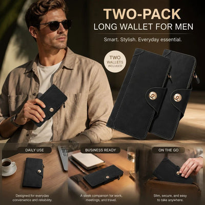 Solid Color Long Men's Wallet 2 Pcs Set, Magnetic Multi-Card Hand Clutch, Portable Daily Money Clip, Perfect Gift Bundle, Black