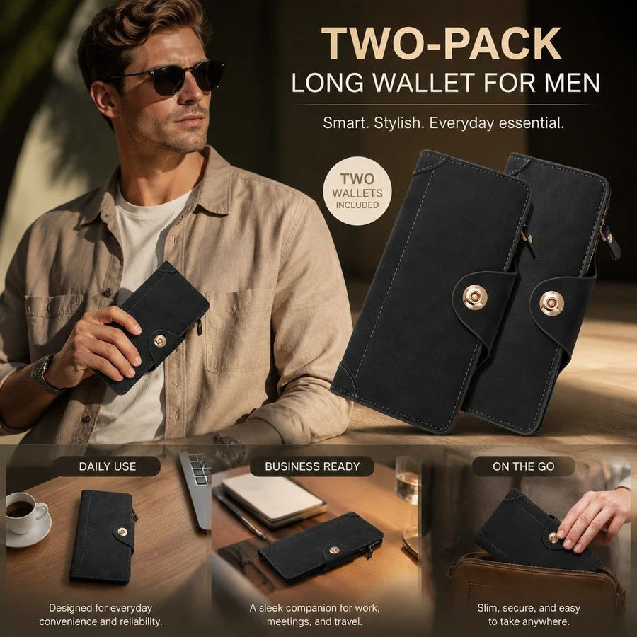Solid Color Long Men's Wallet 2 Pcs Set, Magnetic Multi-Card Hand Clutch, Portable Daily Money Clip, Perfect Gift Bundle, Black