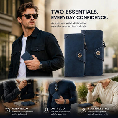 Full Tone Gentlemen Long Purse 2 Pcs Pack, Magnetic Snap Multi-Slot Hand Wallet, Daily Practical Accessory Gift Set, Blue