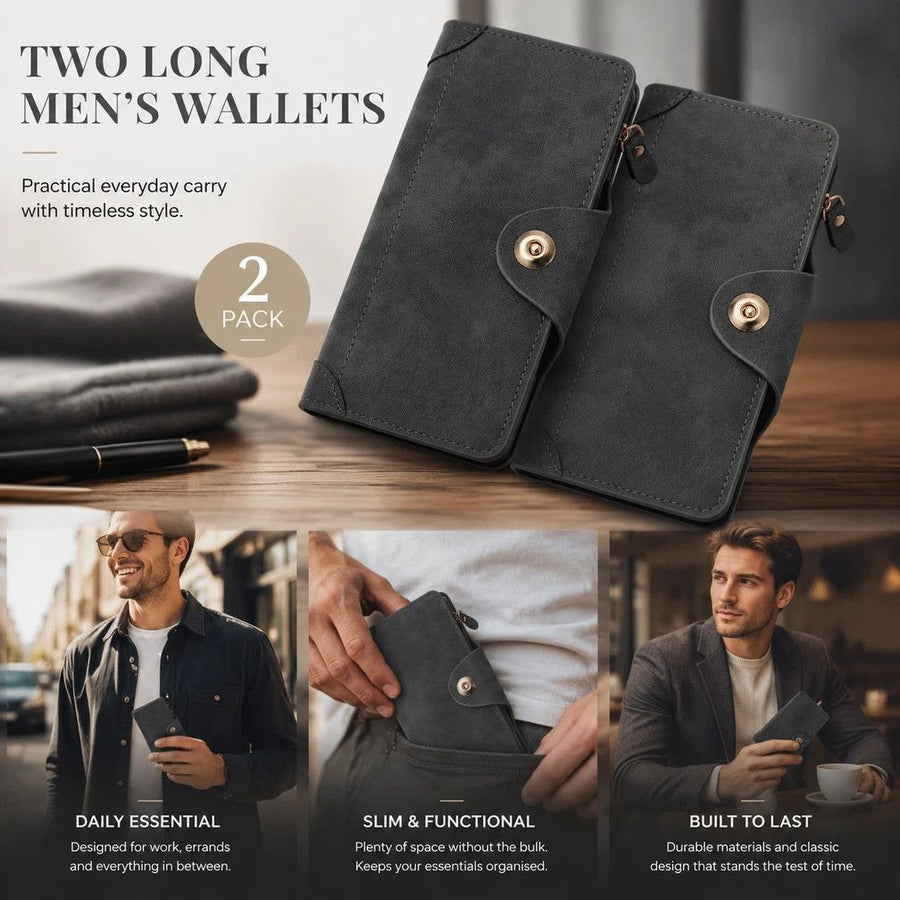 Monochrome Integrated Long Men Billfold 2 Pcs Combo, Magnetic Multi-Compartment Hand Clutch, Casual Stylish Present Pack, Grey