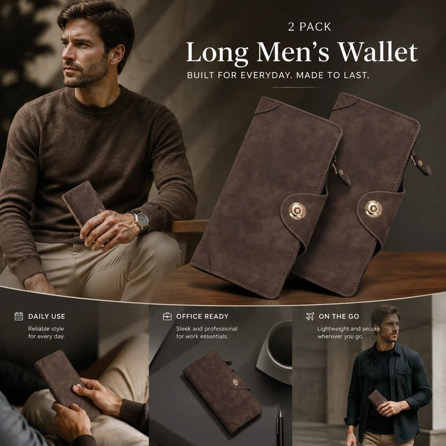 Retro All-Solid Long Men Hand Wallet 2 Pcs Set, Magnetic Portable Multi-Slot Billfold, Exquisite Daily Gift Pack, Coffee