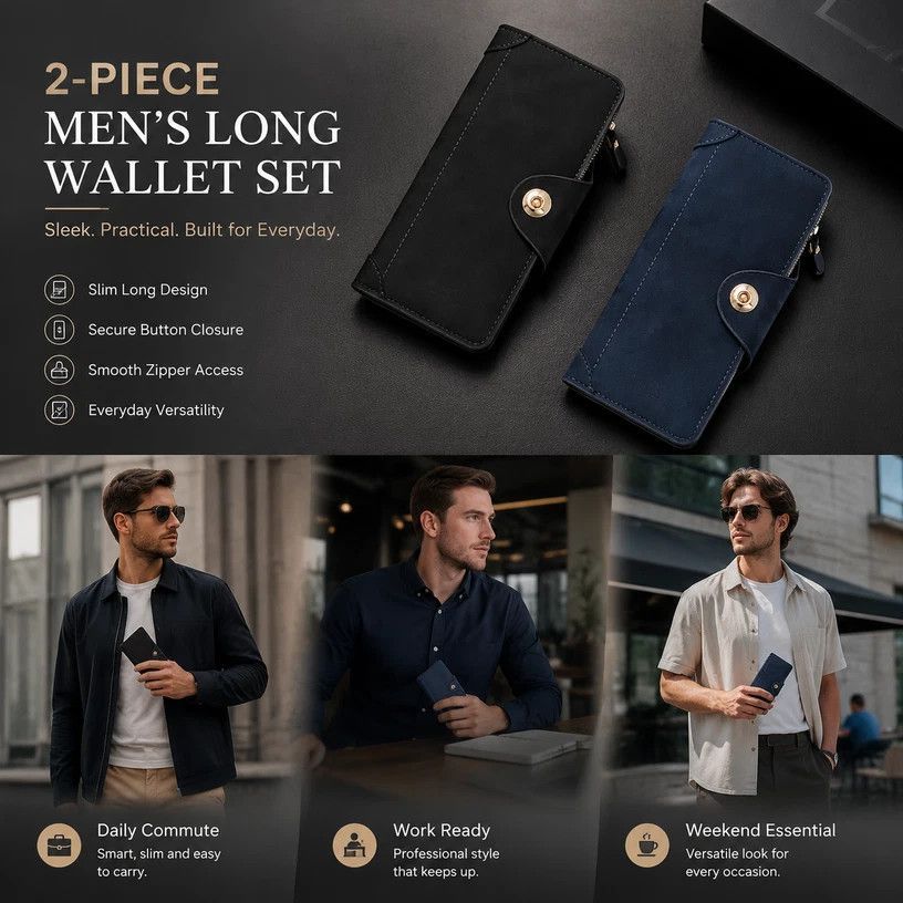 Two-Tone Solid Long Men Wallet 2 Pcs Set, Magnetic Multi-Card Hand Clutch, Portable Daily Money Clip, Versatile Gifting Choice, Black & Blue