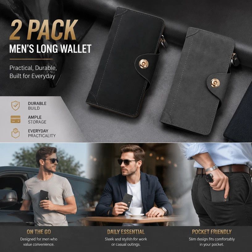 Dual Shade Long Gentlemen Purse 2 Pcs Combo, Magnetic Snap Multi-Slot Billfold, Practical Daily Gift Pack, Black & Grey