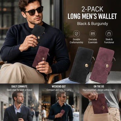 Dual Color Integrated Long Men Billfold 2 Pcs Kit, Magnetic Multi-Compartment Hand Wallet, Stylish Holiday Present, Black & Red