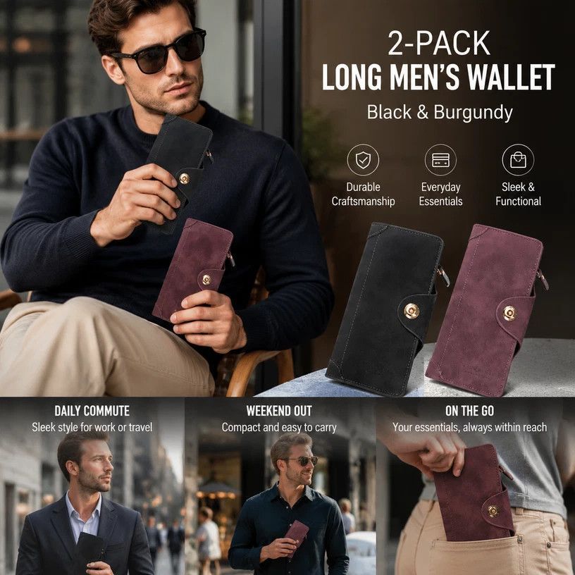Dual Color Integrated Long Men Billfold 2 Pcs Kit, Magnetic Multi-Compartment Hand Wallet, Stylish Holiday Present, Black & Red