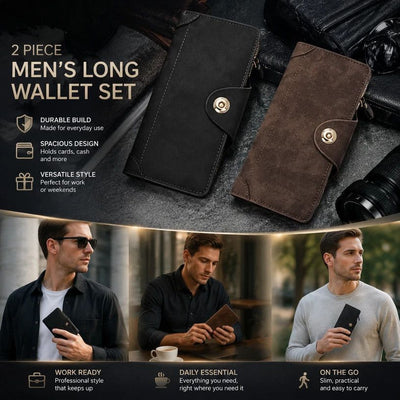Two-Tone Classic Long Men Wallet 2 Pcs Pack, Magnetic Large-Capacity Hand Clutch, Premium Daily Gifting Option, Black & Coffee