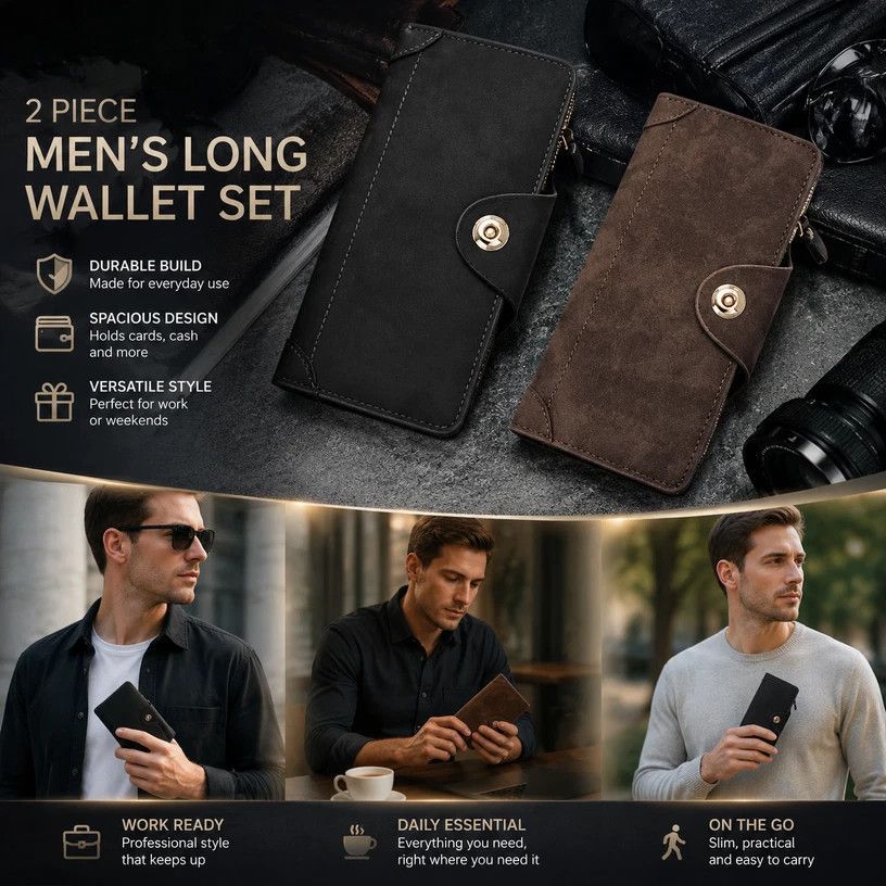 Two-Tone Classic Long Men Wallet 2 Pcs Pack, Magnetic Large-Capacity Hand Clutch, Premium Daily Gifting Option, Black & Coffee