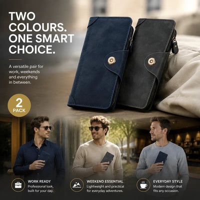 Dual Tone Solid Long Men Purse 2 Pcs Set, Magnetic Portable Multi-Slot Billfold, Exquisite Casual Gift Bundle, Blue & Grey