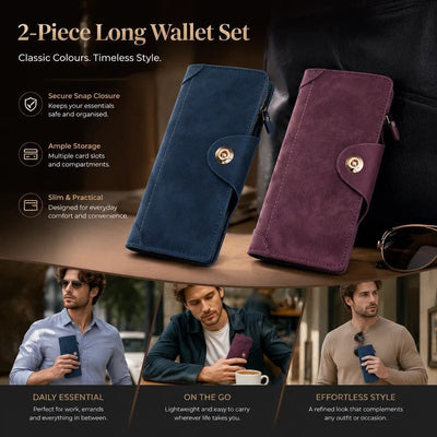 Two-Color Full Tone Long Men Billfold 2 Pcs Combo, Magnetic Closure Hand Wallet, Versatile Festival Present Pack, Blue & Red