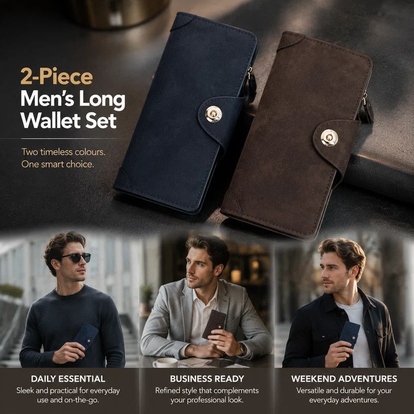 Dual Shade Integrated Long Men Wallet 2 Pcs Kit, Magnetic Multi-Card Hand Clutch, Practical Premium Gift Choice, Blue & Coffee
