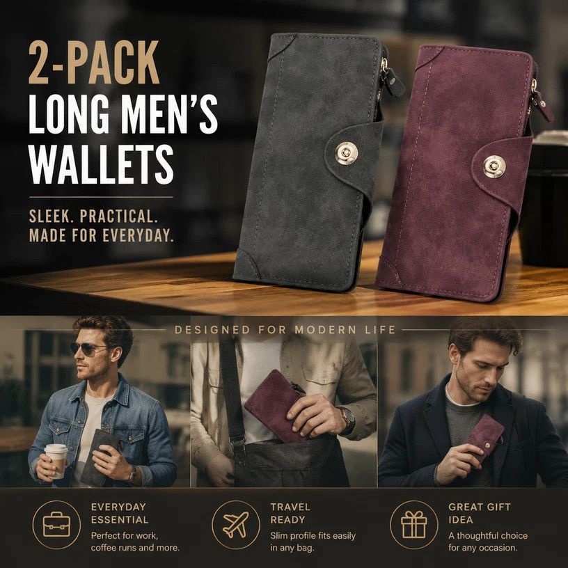 Two-Tone Classic Long Gentlemen Purse 2 Pcs Pack, Magnetic Large-Capacity Slots Billfold, Stylish Daily Gift Set, Grey & Red
