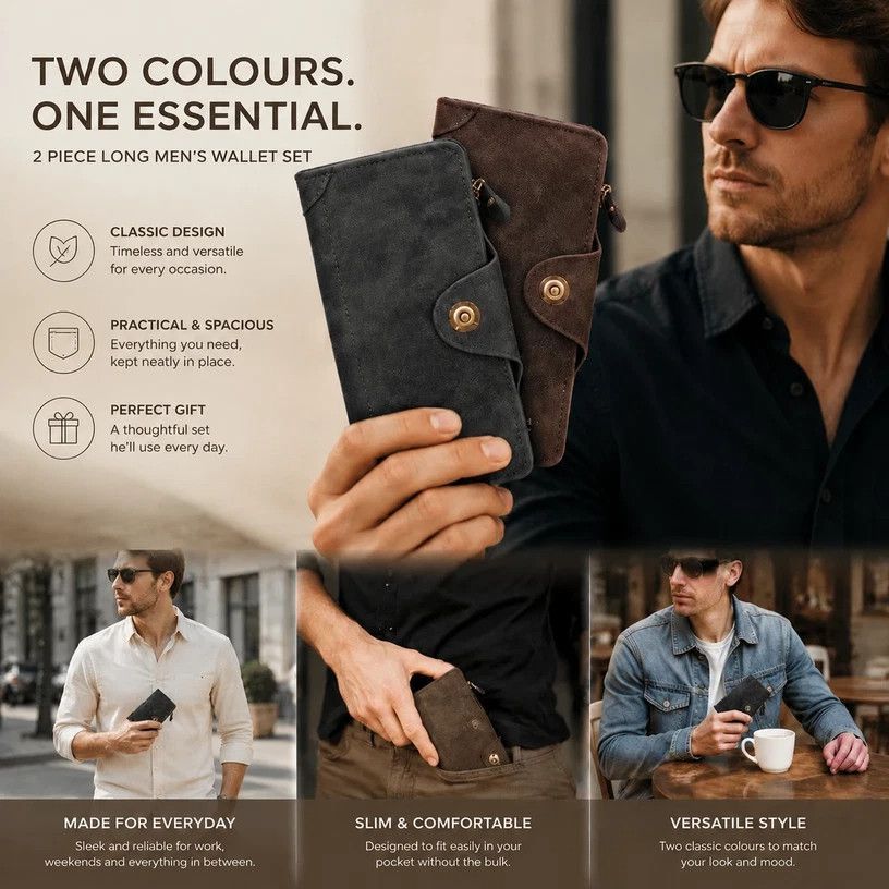 Dual Color Retro Long Men Billfold 2 Pcs Set, Magnetic Portable Hand Wallet, Exquisite Casual Present Bundle, Grey & Coffee