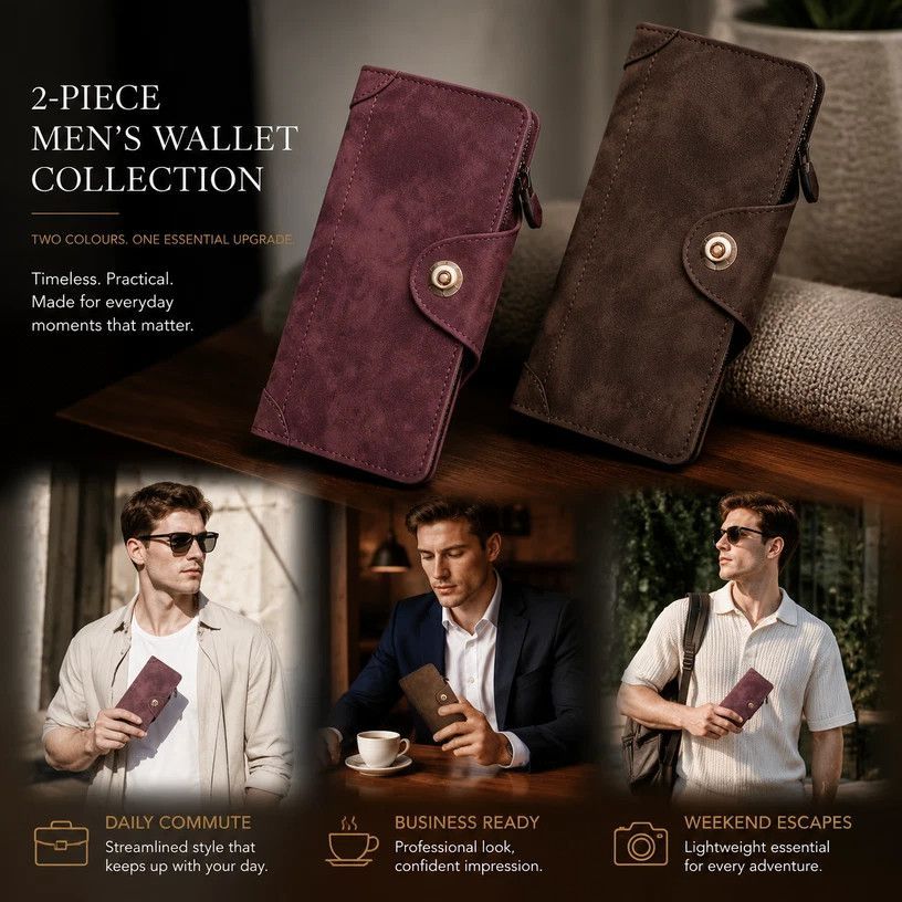 Two-Shade All-Solid Long Men Wallet 2 Pcs Combo, Magnetic Multi-Compartment Hand Clutch, Premium Festival Gift Option, Red & Coffee