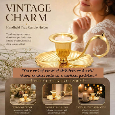 Vintage Handheld Tray Candle Holder, Elegant Desktop Ornament, Delicate Housewarming Gift, Gold