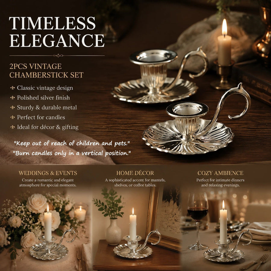 Retro Hand Carry Tray Candlestick 2 Pcs Pack, Chic Ambient Home Ornament, Thoughtful Wedding Present, Silver