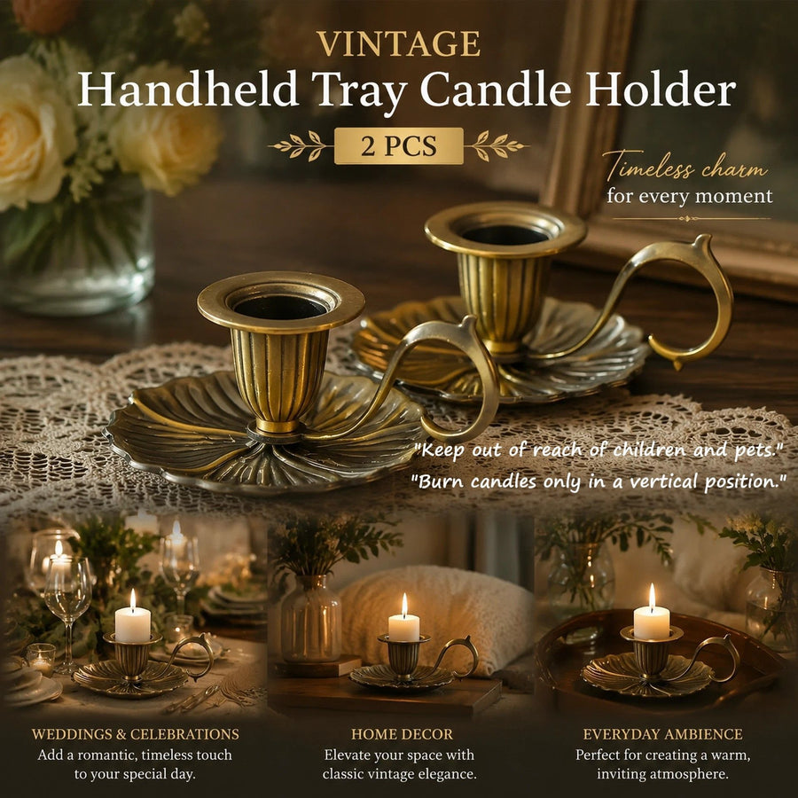Antique Hand Held Candle Stand With Tray 2 Pcs Combo, Warm Banquet Table Accessory, Wonderful New Home Gift, Bronze