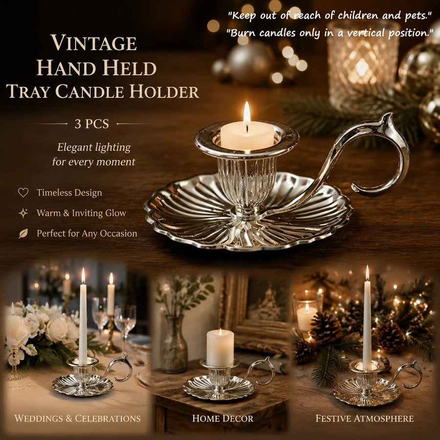 Retro Hand Carry Tray Candlestick 3 Pcs Set, Eye-Catching Living Room Accent, Practical Festival Present, Silver