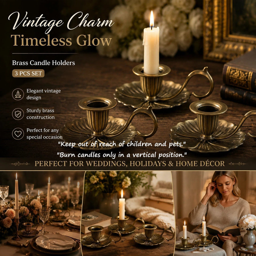 Antique Hand Held Candle Stand With Tray 3 Pcs Pack, Soft Romantic Table Furnishing, Exclusive Housewarming Gift, Bronze