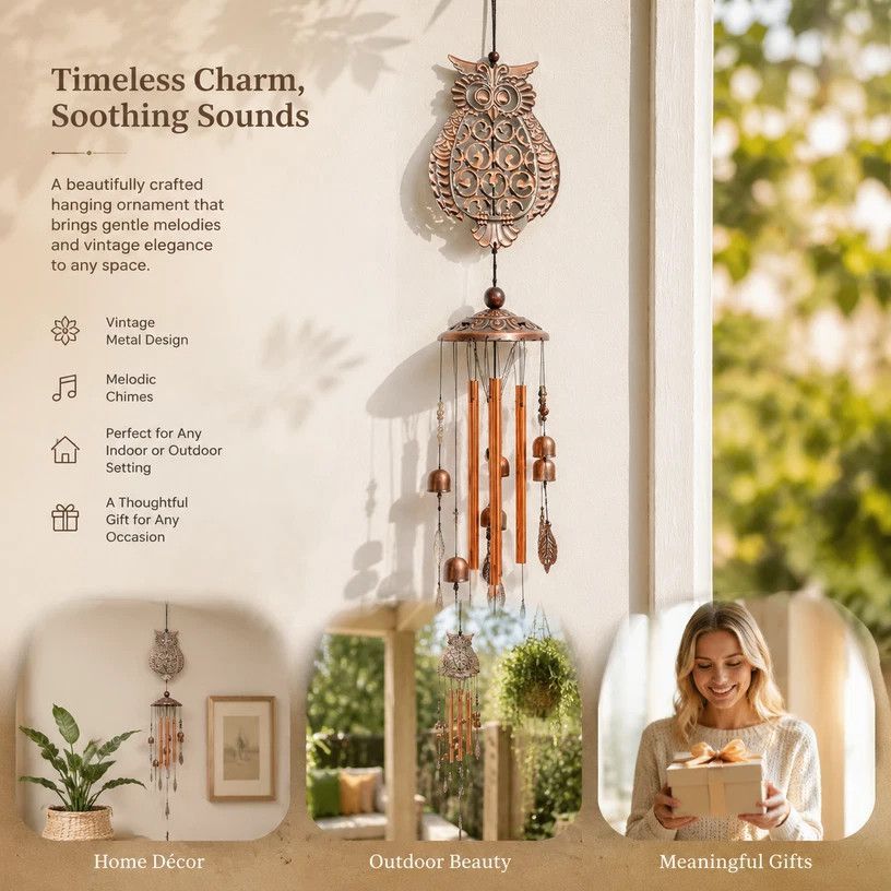 Antique Hollow Metal Owl Wind Chime, Iron Craft Wind Bell Pendant For Yard Balcony, Ideal Outdoor Decor Gift