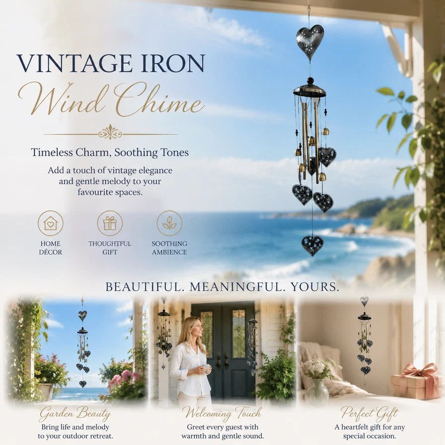 Retro Bronze Heart Hollow Iron Wind Bell, Metal Wind Chime Hanging Pendant For Garden Yard, Elegant Housewarming Gift