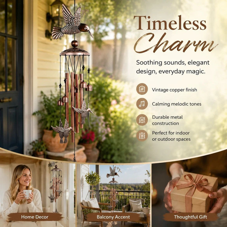 Antique Iron Hummingbird Wind Spinner Chime, Hollow Copper Bell Hanging Decor For Outdoor Balcony, Delicate Patio Present