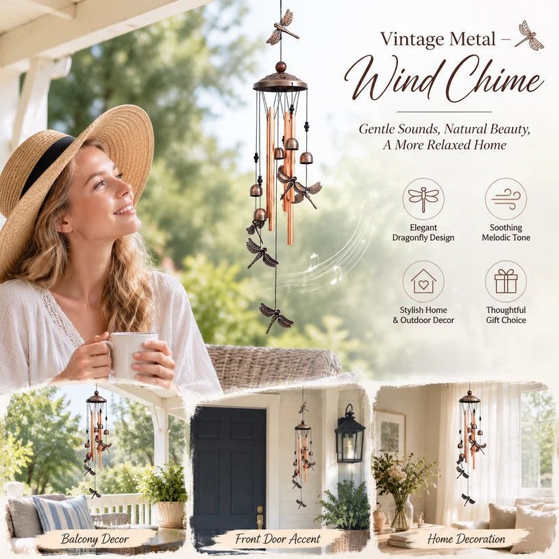Retro Tiny Dragonfly Iron Wind Spinner Bell, Hollow Copper Hanging Pendant For Garden Balcony, Cute Outdoor Present