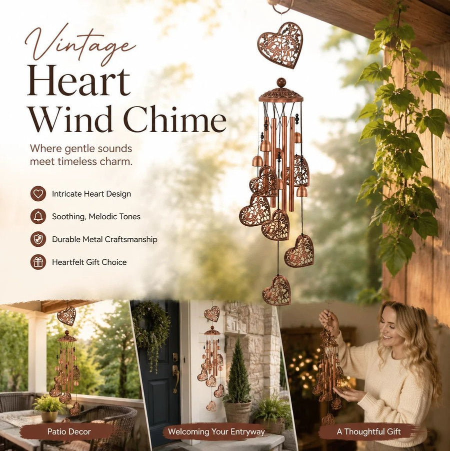 Antique Hollow Iron Heart Wind Chime, Metal Wind Spinner Hanging Bell Decor For Patio Yard, Warm Holiday Gift