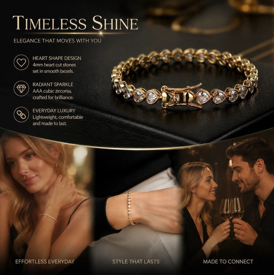 4*4mm Heart Inlaid Tennis Chain Bracelet, Copper Cubic Zirconia Single Row Hip Hop Wristband, Couple Jewelry Holiday Gift, 7 Inch 18cm Gold Tone
