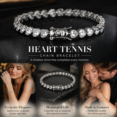 4*4mm Heart Bezel Set Tennis Bracelet, Copper Inlaid Zircon Hip Hop Single Line Bracelet, Romantic Couple Gift, 7 Inch 18cm Silver Tone
