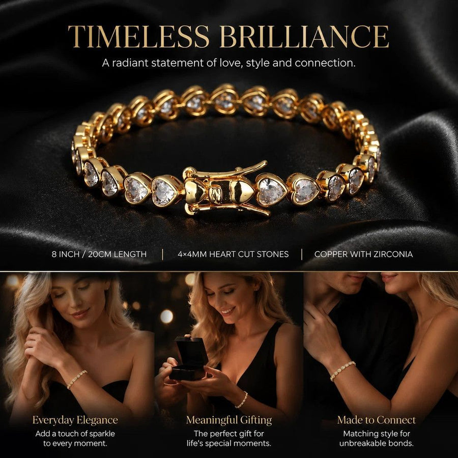 4*4mm Heart Packed Tennis Link Bracelet, Copper CZ Single Row Hip Hop Bangle, Couple Festival Present, 8 Inch 20cm Gold Tone