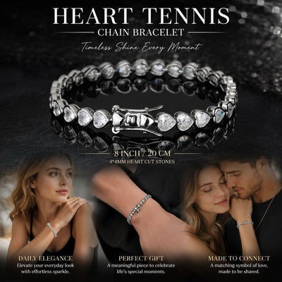 4*4mm Heart Encrusted Tennis Chain Wristband, Copper Zircon Hip Hop Bracelet For Lovers, Daily Gifting Option, 8 Inch 20cm Silver Tone