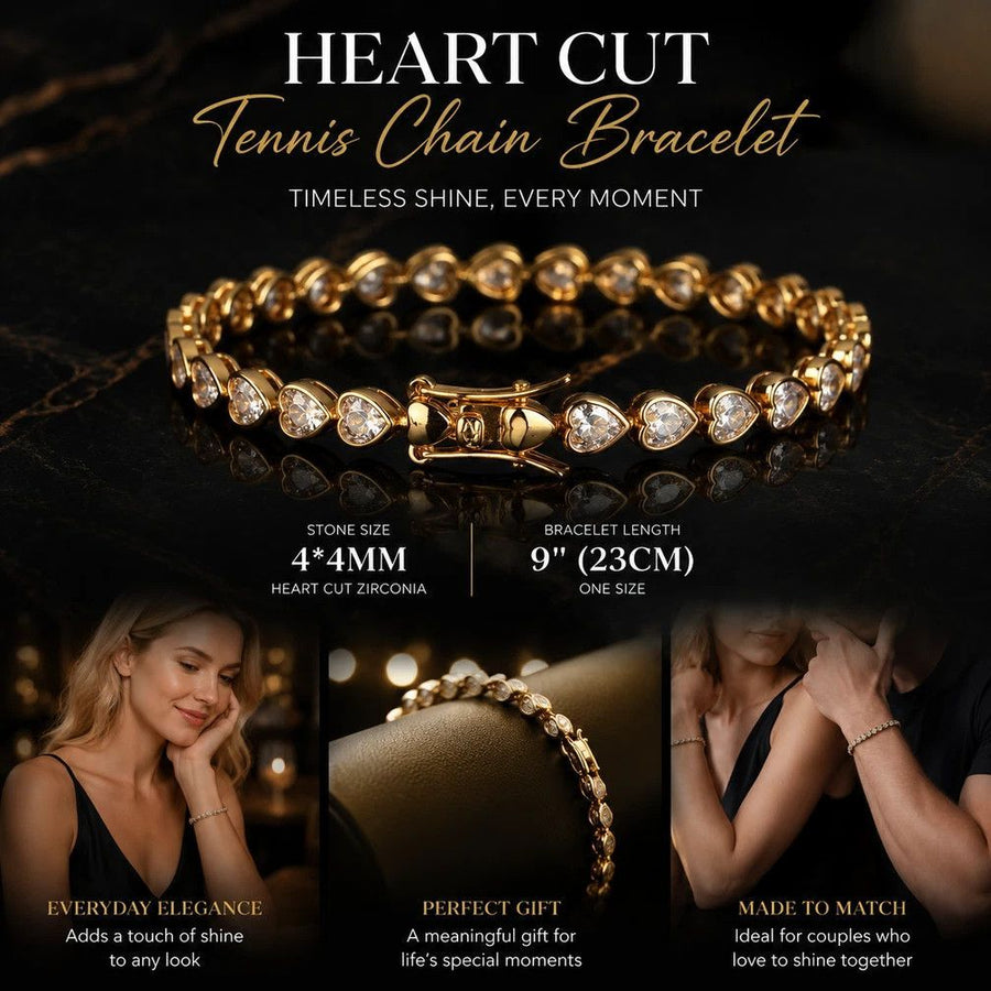 4*4mm Heart Bezel Tennis Bracelet, Copper Single Row Zircon Hip Hop Jewelry, Sweet Couple Holiday Gift, 9 Inch 23cm Gold Tone