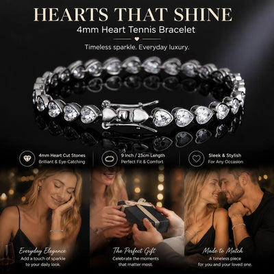 4*4mm Heart Setting Tennis Chain Bracelet, Copper Cubic Zirconia Hip Hop Couple Accessory, Nice Festival Present, 9 Inch 23cm Silver Tone