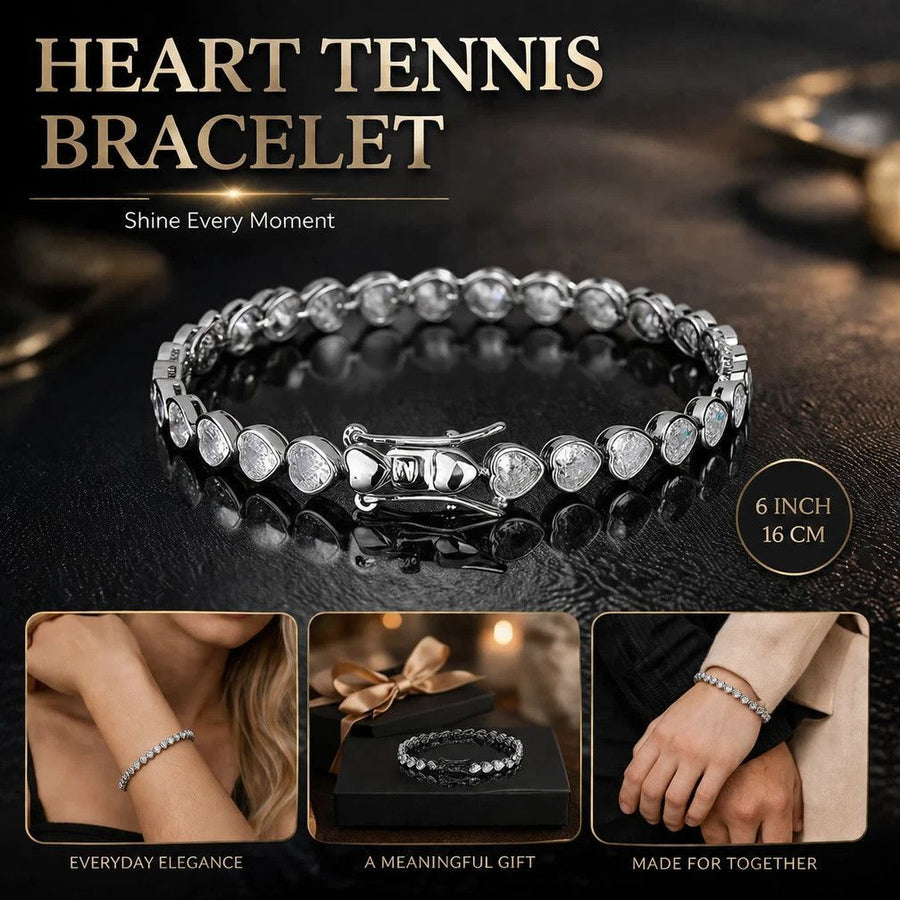 4*4mm Heart Inlaid Single Row Tennis Bracelet, Copper Zircon Hip Hop Couple Wristband, Ideal Holiday Gift, 6 Inch 16cm Silver Tone
