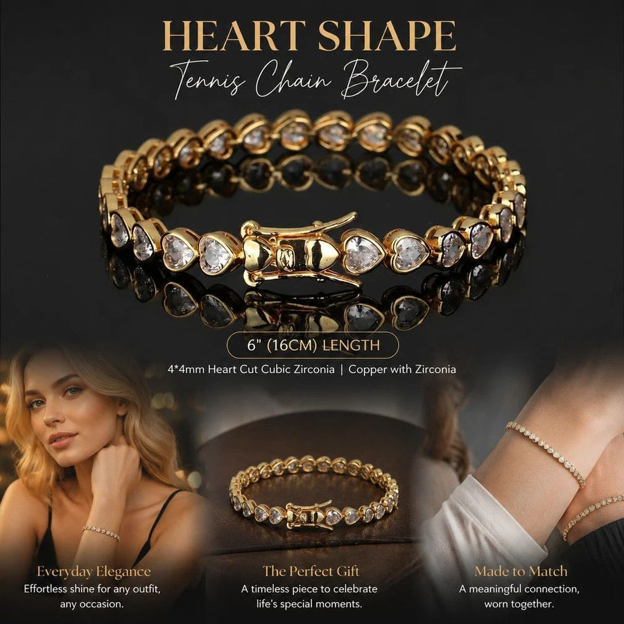 4*4mm Heart Packed Hip Hop Tennis Bracelet, Copper CZ Couple Jewelry, Perfect Lover Gift, 6 Inch 16cm Gold Tone