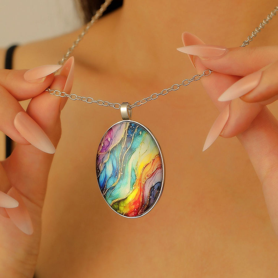 Retro Oval Cabochon Glass Alloy Necklace, Silver Tone Plating, Ideal Birthday Present For Date Night Outing