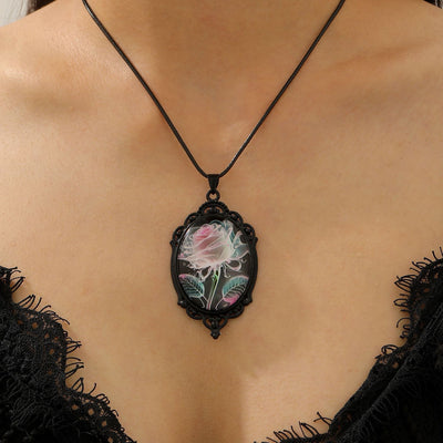 Simple Oval Cabochon Glass Alloy Necklace, Matte Black Plating, Cool Daily Ornament Gift For Club & Casual Trip
